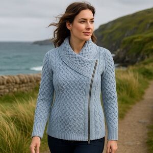 Aran Cable Knit Moto Zip Cardigan Lt Blue Merino Wool Irish Sweater EUC XS #2516